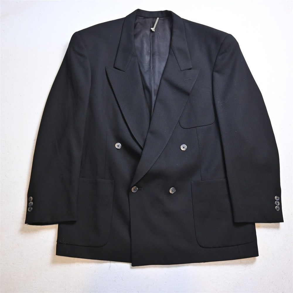 Vtg USA 44R Black 100% Wool Double Breasted Strong Shoulder Blazer Sport Coat
